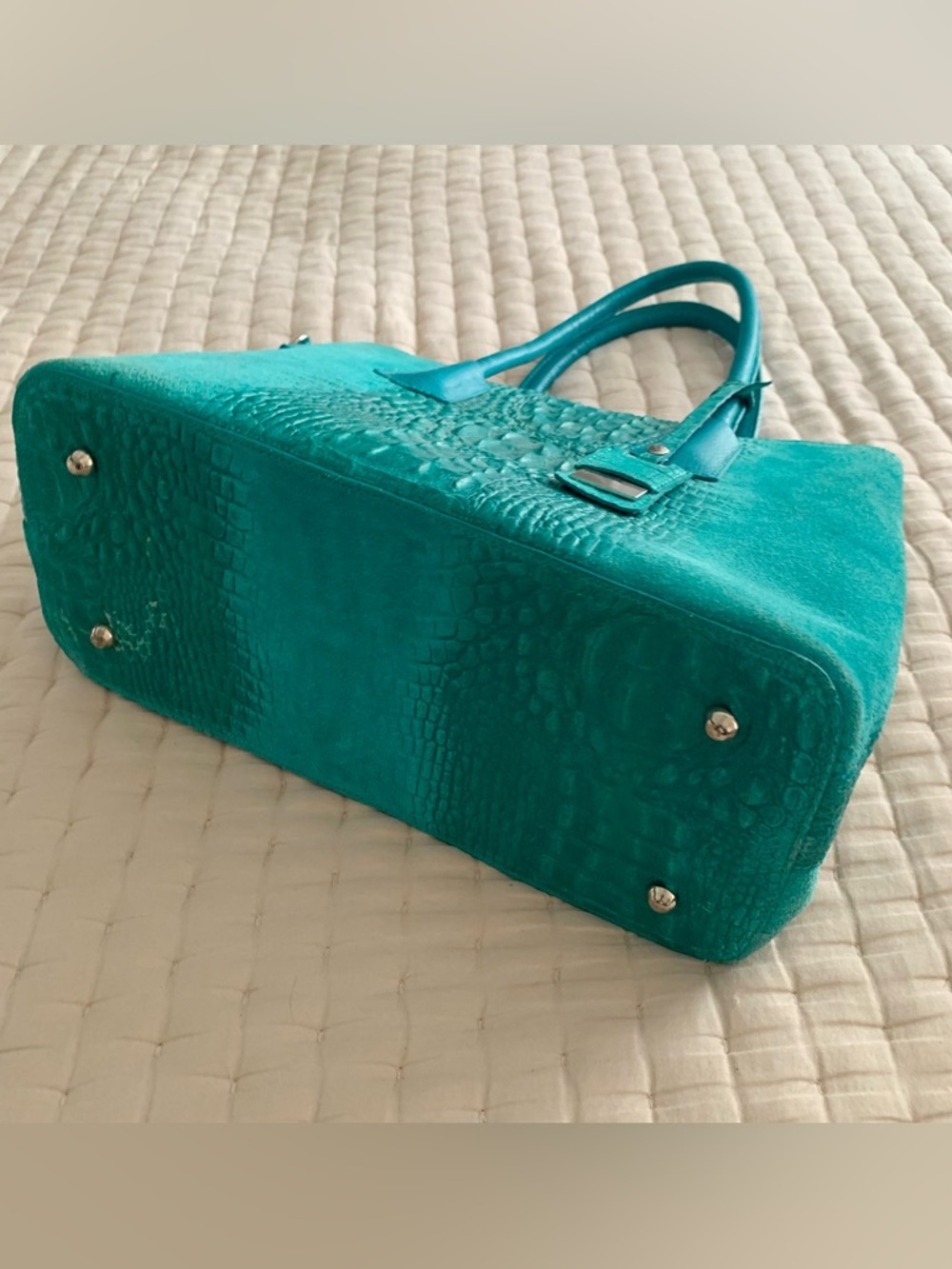 Mila Blu Italian Croc Embossed Leather Satchel Shoulder Bag Turquoise Teal blue - Picture 7 of 14
